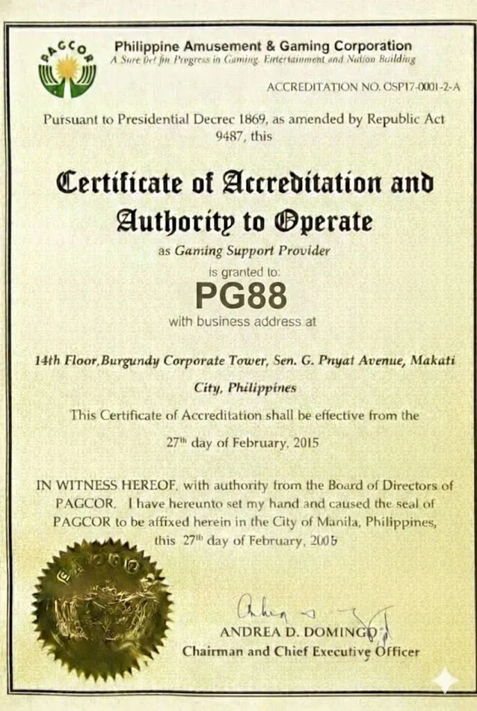 giấy phép hoạt động pg88